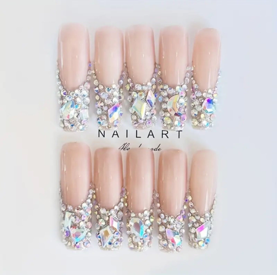 Handmade French Rhinestone Press On Nails 10pcs