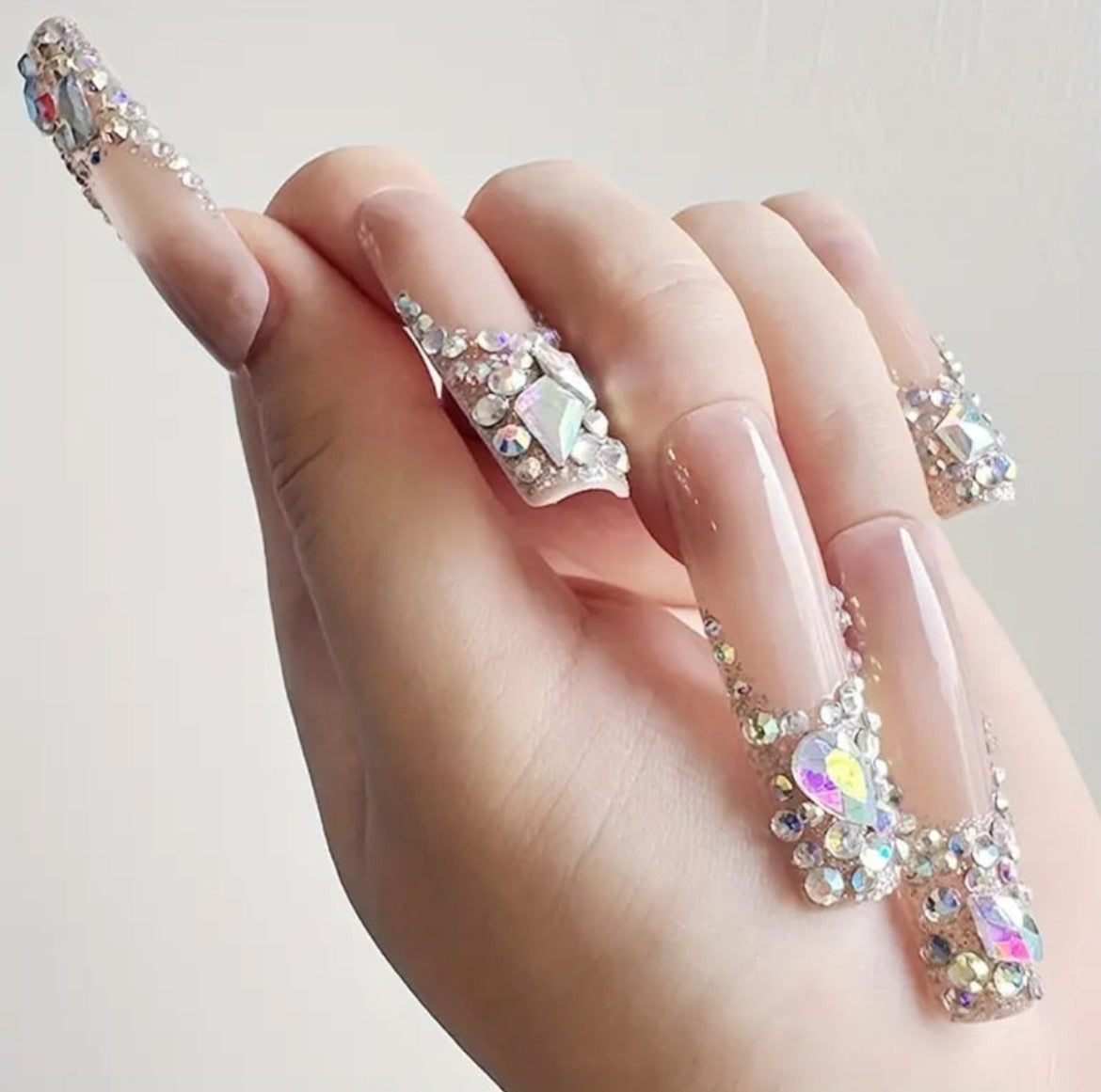 Handmade French Rhinestone Press On Nails 10pcs