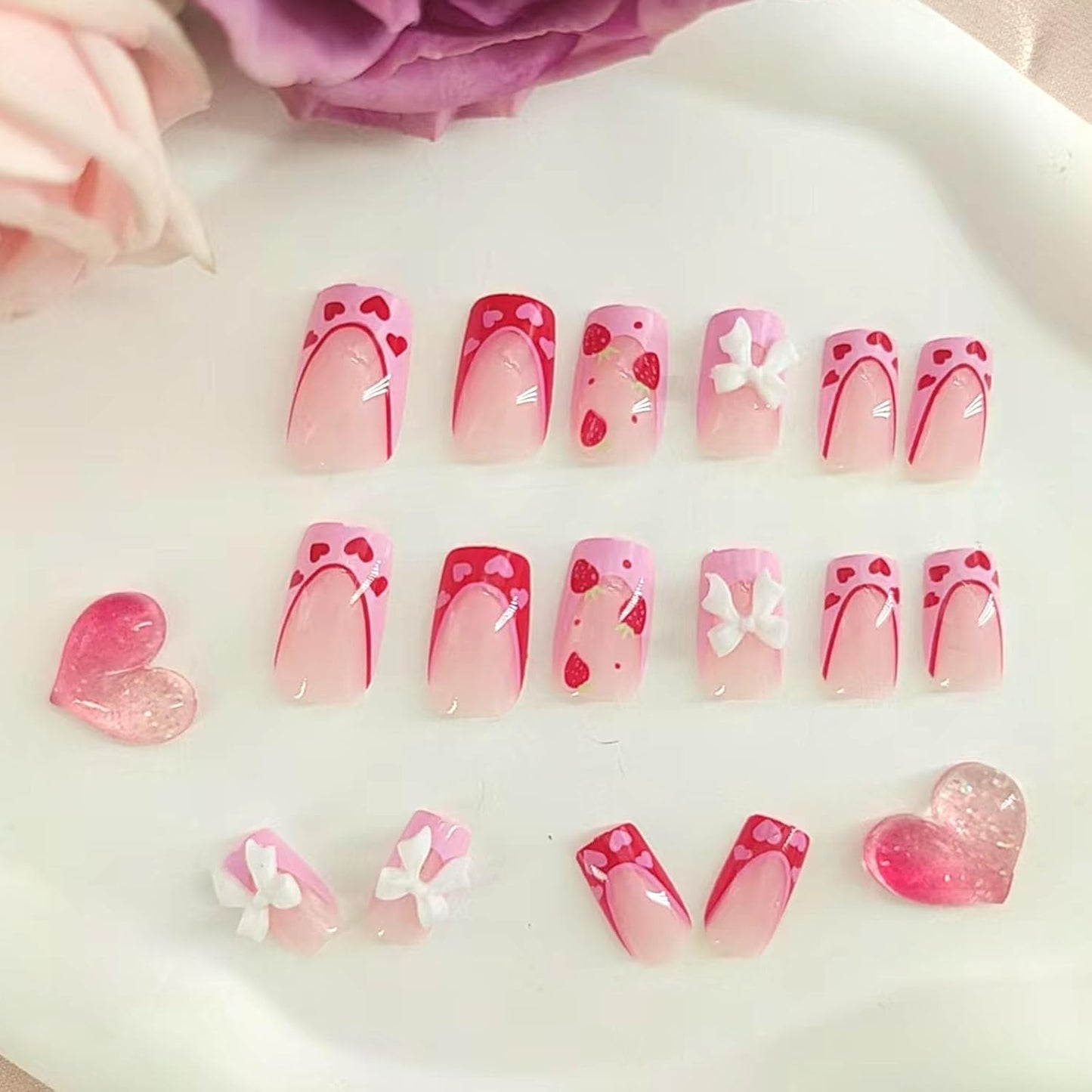 3D Bow & Strawberry Press On Nails