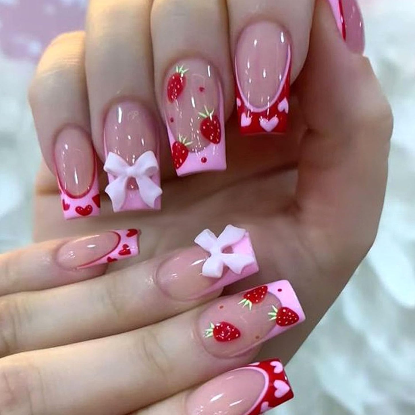 3D Bow & Strawberry Press On Nails