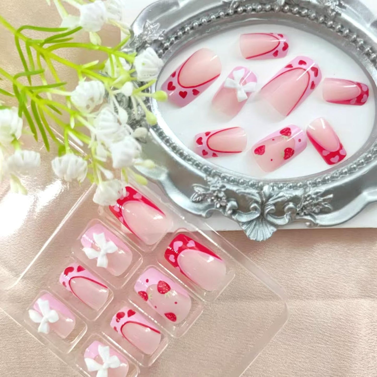 3D Bow & Strawberry Press On Nails