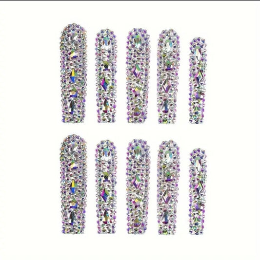 Handmade 3D Crystal Long Square Press On Nails