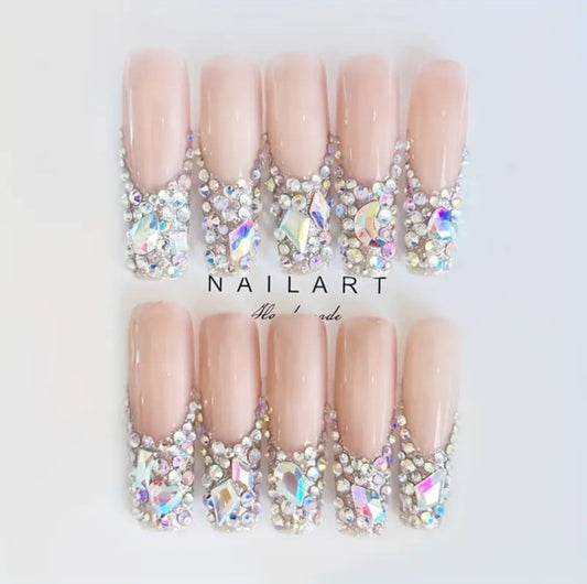 Handmade French Rhinestone Press On Nails 10pcs