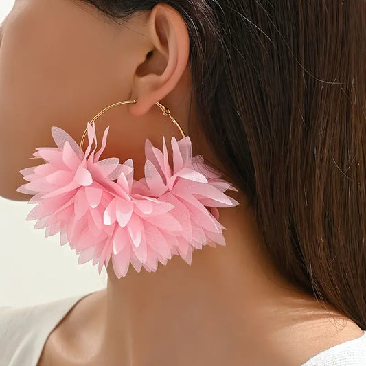 Fabric Flower Hoop Earrings