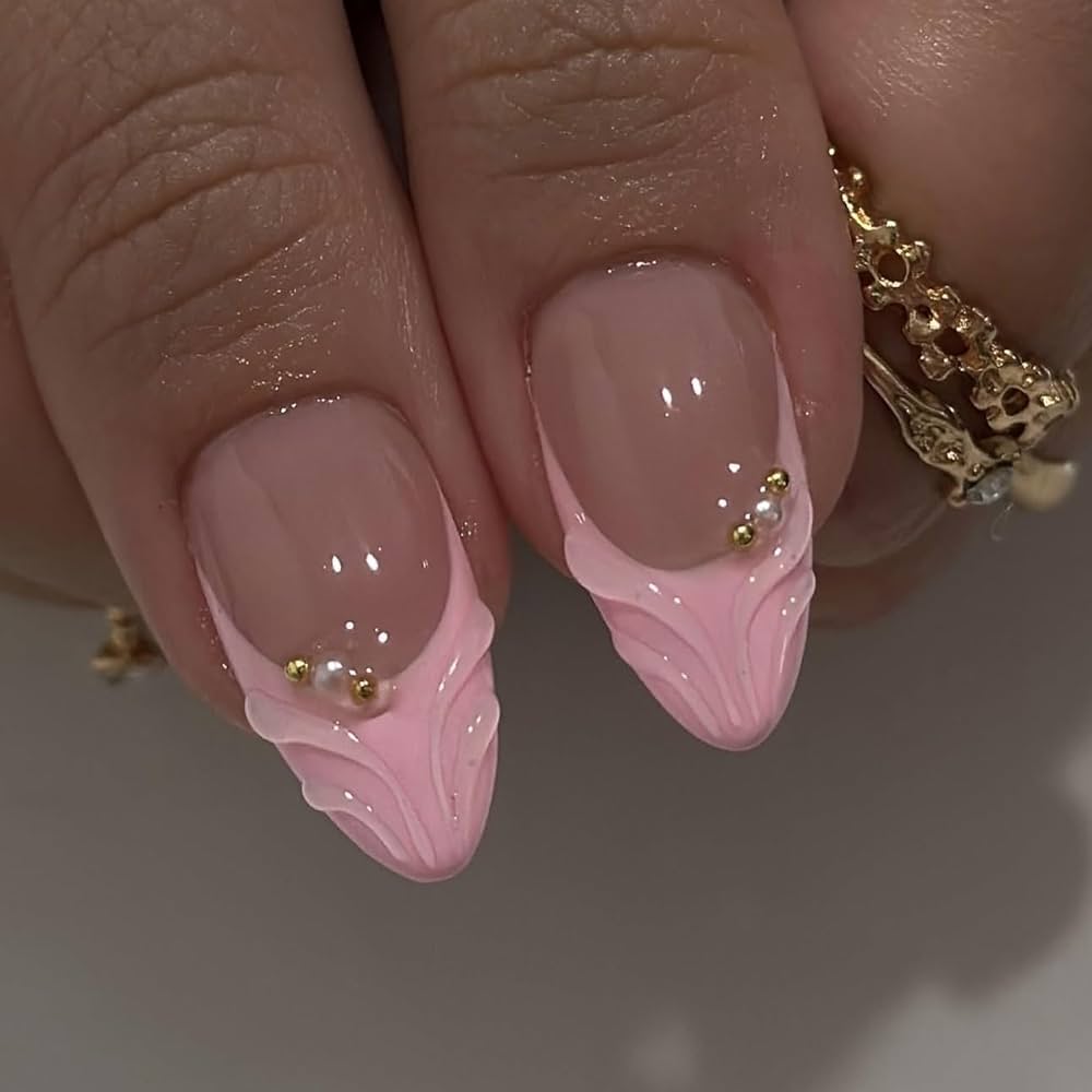 3D Embossed Flower & Gold Bead Press On Nails